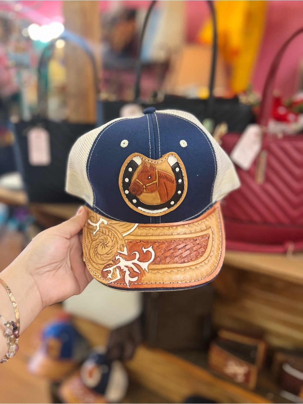 Navy & Tan Western Horse Embroidered Trucker Hat